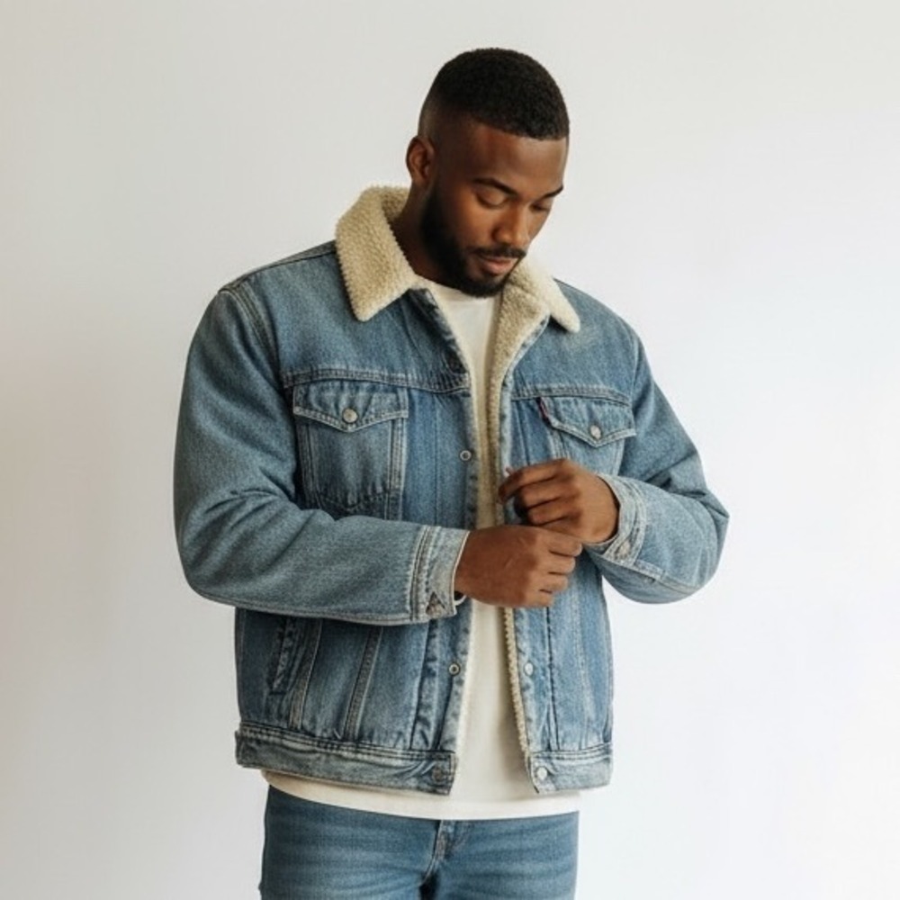 VTG Gap Jacket Mens Small Blue‎ Denim Sherpa Lined Work Force Trucker Retro 90s